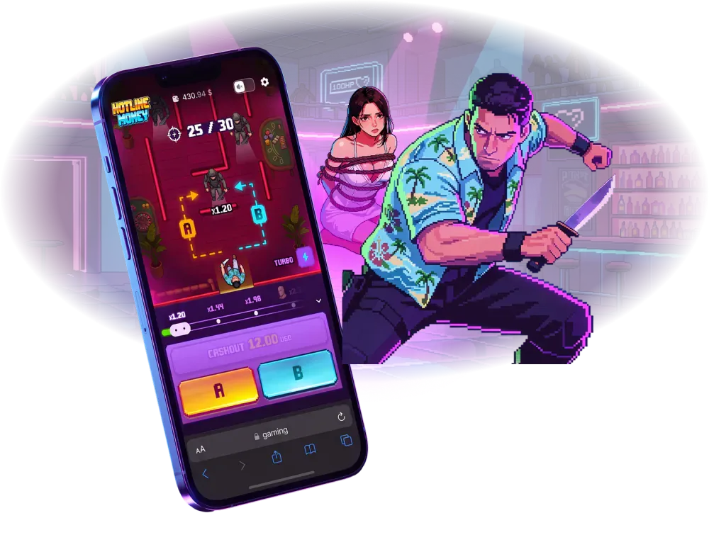 100HP key art for Hotline Money: a phone running a round at 25 of 30 opponents beside the pixel-art agent and the hostage