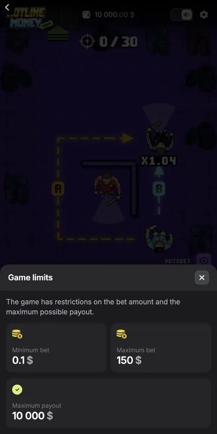 The demo Game limits panel: minimum bet 0.1 USD, maximum bet 150 USD, maximum payout 10 000 USD